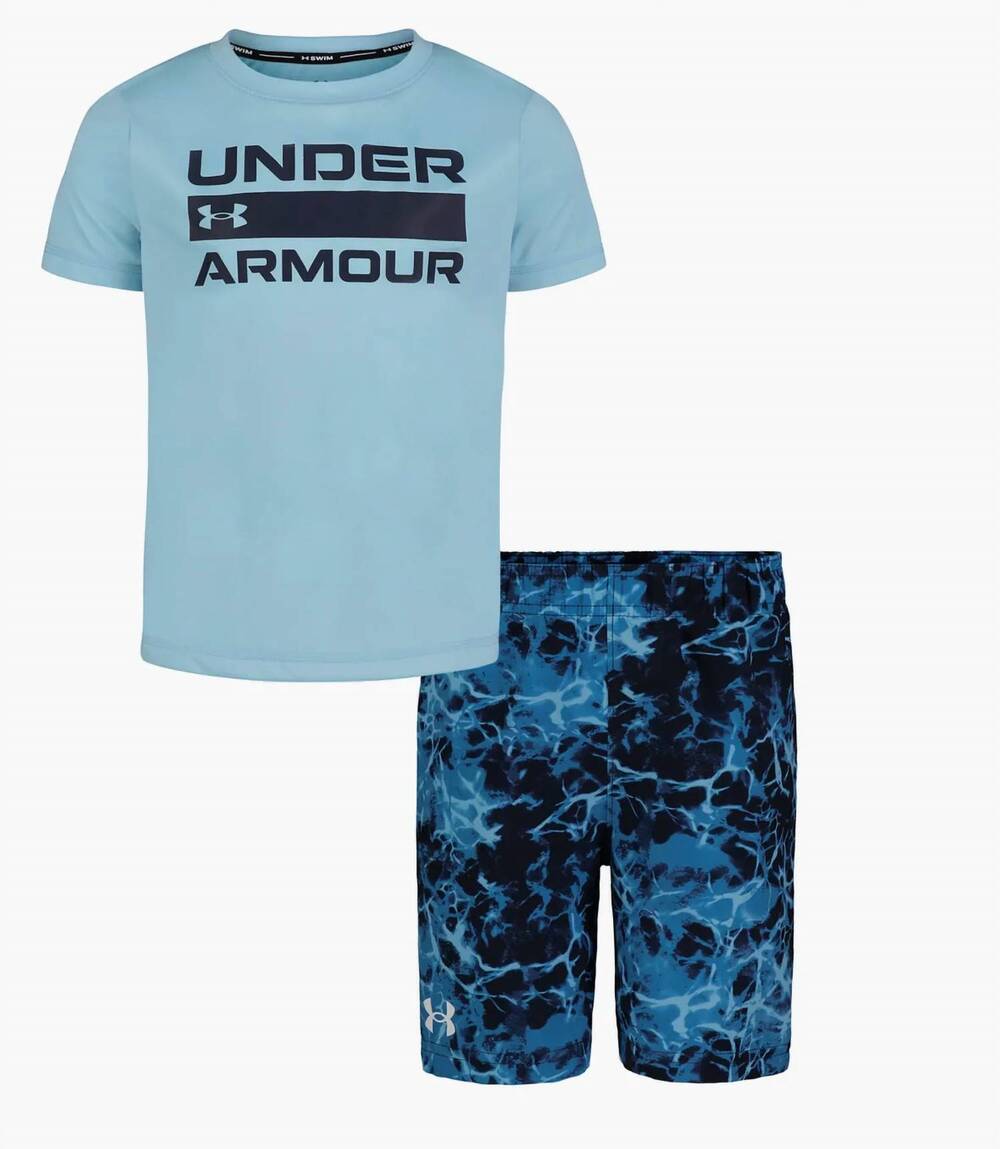 NEW UNDER ARMOUR boys water camo swim t-shirt and shorts set in blue